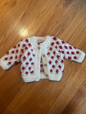 Coccoli White & Red Heart Knit Baby Cardigan